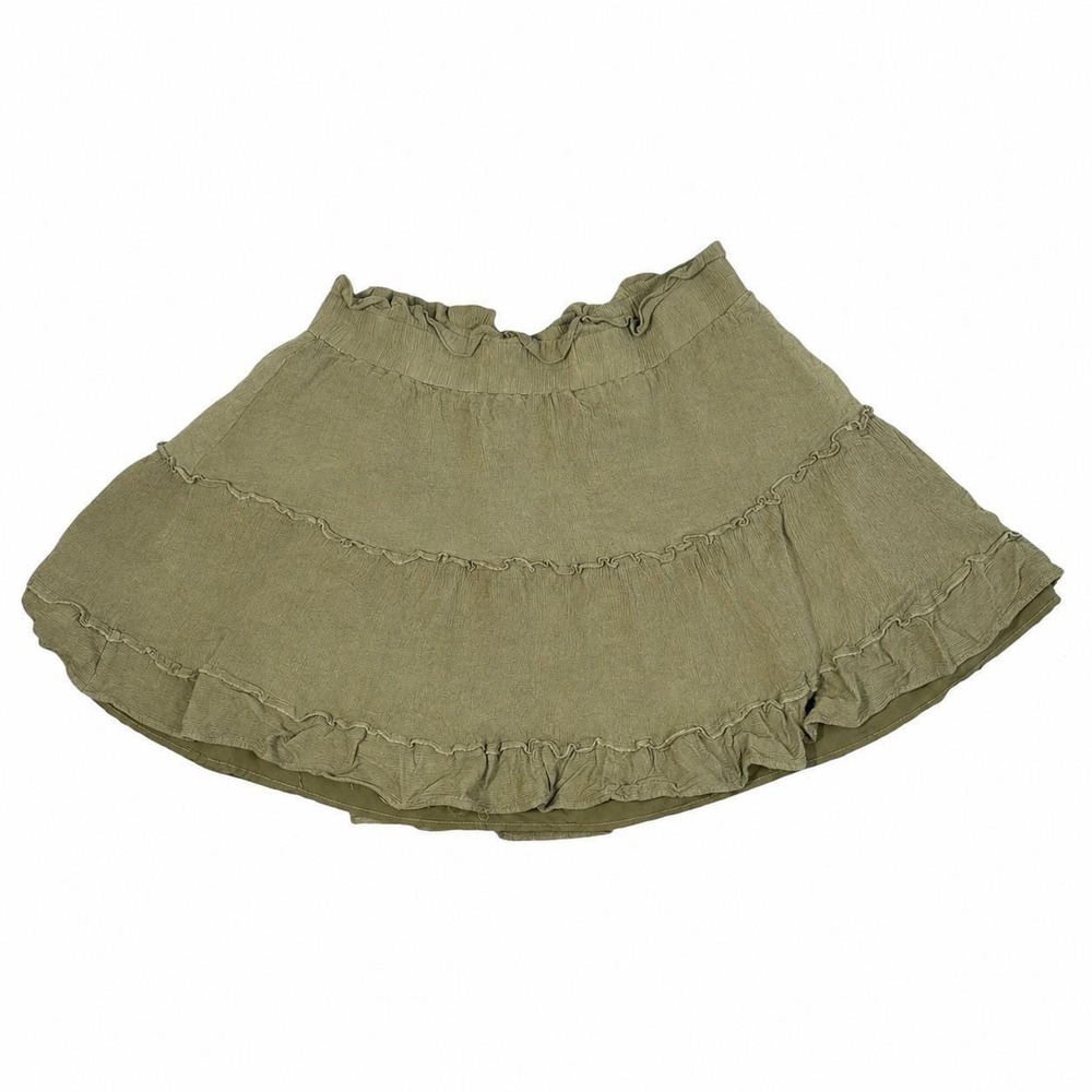 Lyaner Mini‎ Skirt Womens Small Olive Green Tiered Ruffle Rayon Boho Flowy